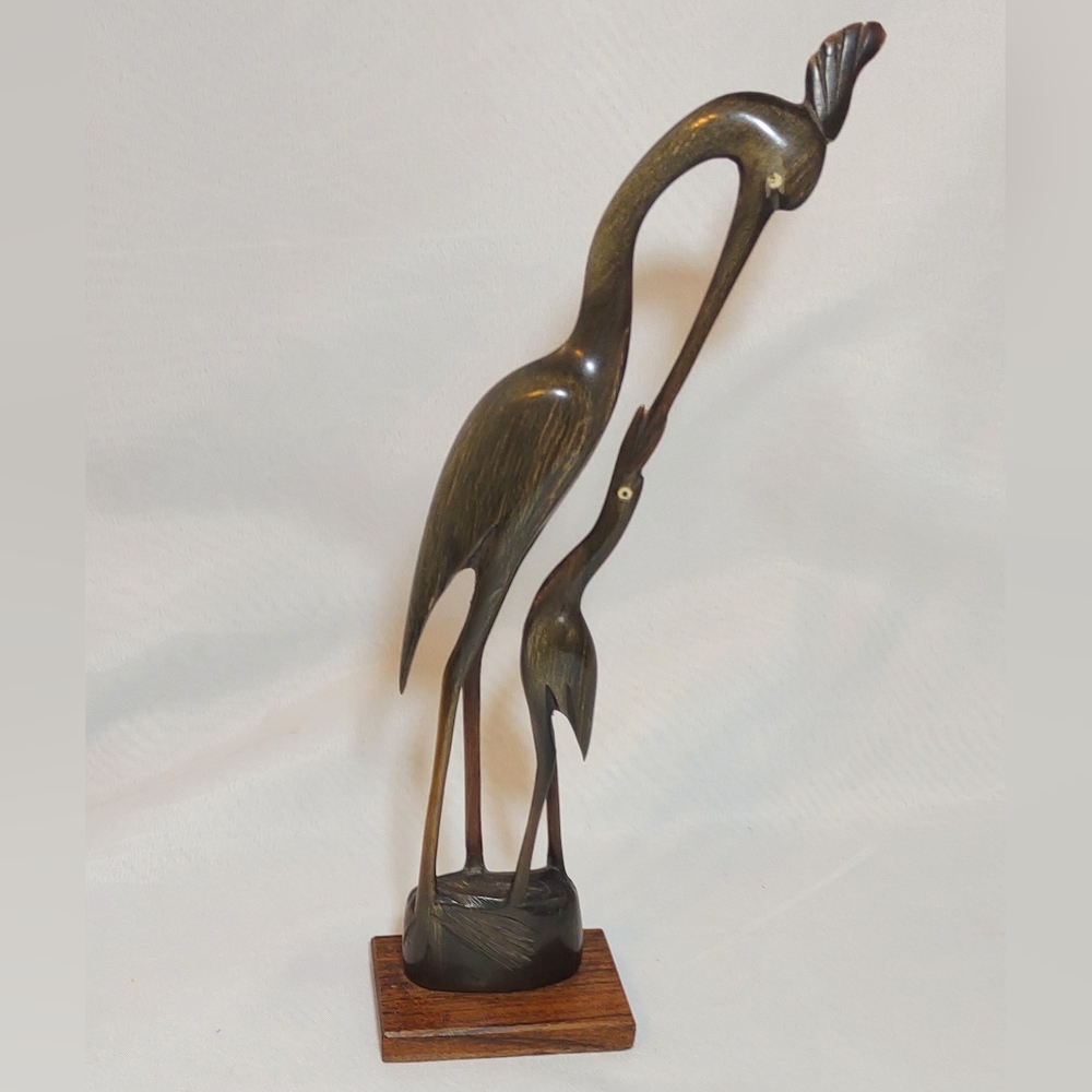Vintage Hand Carved Bull Horn Mother Crane Feeding Baby Sculpture